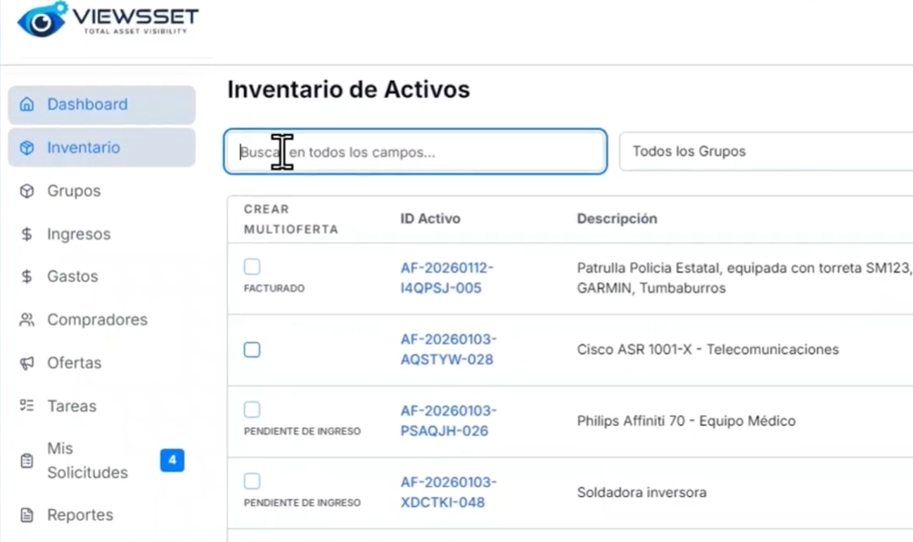 Dashboard de inventario inmutable para arrendadoras - VIEWSSET